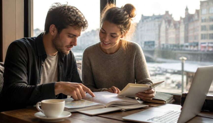 Reizigers vergelijken vakantie-opties met een kaart en laptop aan een raam in Europa