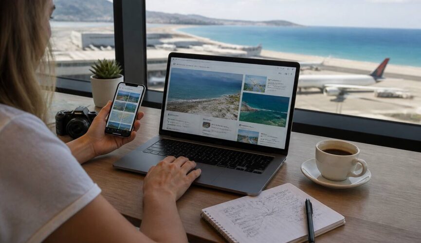 Iemand vergelijkt vakanties op laptop en telefoon met een notitieblok naast zich