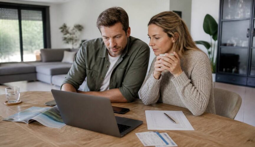 Gezin dat een vakantiechecklist en reisdetails vergelijkt op een laptop