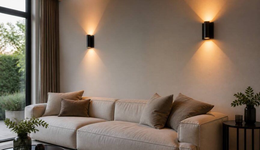 Wandlampen met warm indirect licht in een moderne woonkamer