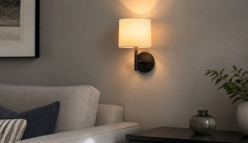 Wandlamp op de juiste hoogte in een moderne woonkamer met warm licht en mooi lichtbeeld op de muur