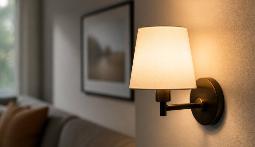 Wandlamp op een muur in een woonkamer met warm licht en zachte schaduwen