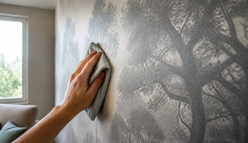 Microvezeldoek om een fotobehang muur voorzichtig schoon te maken, zonder schade