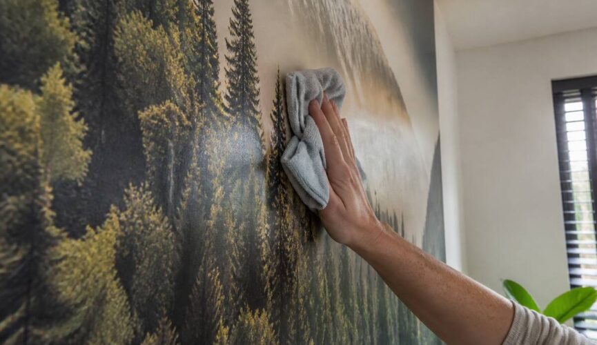 Schoonmaken van fotobehang met een bijna droge microvezeldoek