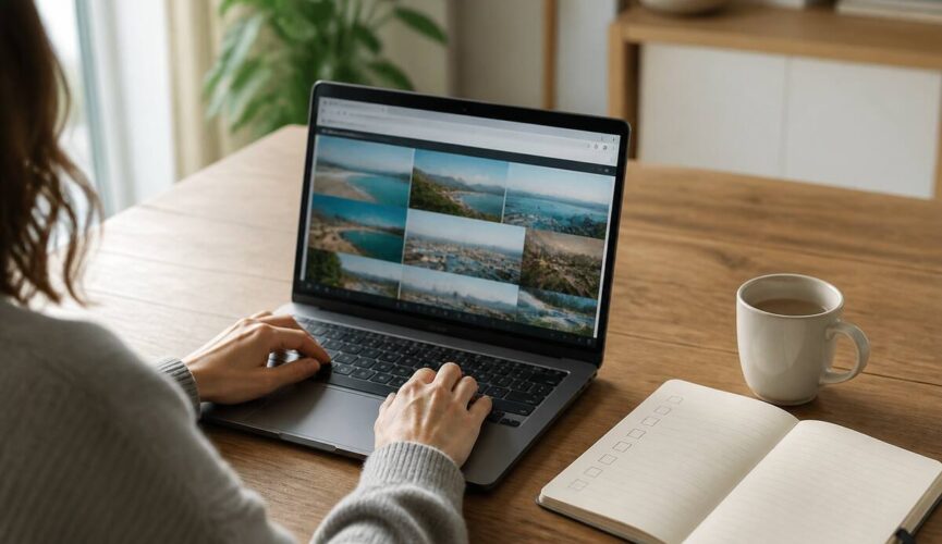 Iemand die reisopties vergelijkt op een laptop met een praktische checklist