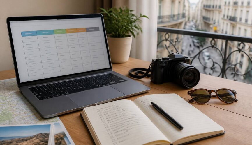 Een reisplanner bureau met laptop en notebook om vakanties te vergelijken