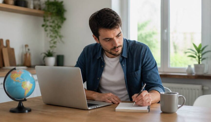 Persoon die vakantie-opties vergelijkt op een laptop met notities en reisitems