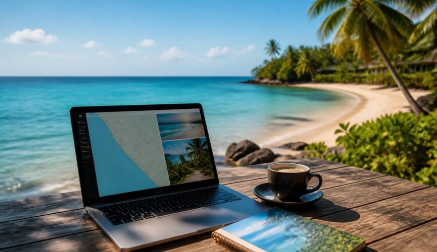 Reiziger vergelijkt vakanties op een laptop op een zonnig strand