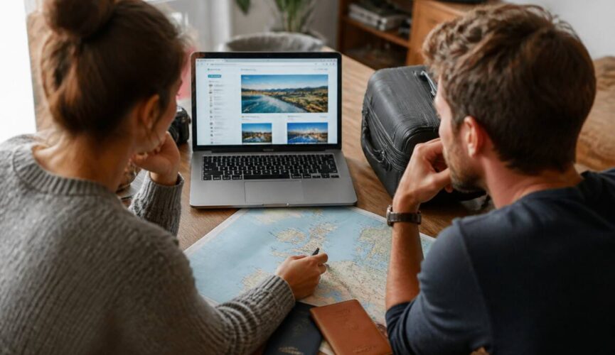 Koppel plant en vergelijkt vakanties aan een bureau met laptop en reisdocumenten