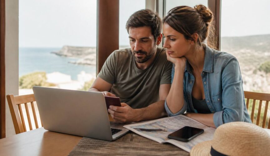 Stel dat vakanties vergelijkt met een laptop en reisdocumenten aan een eettafel
