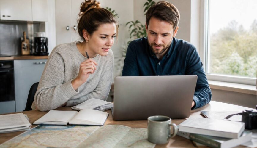 Een realistische vakantielaptop-situatie met reisnotities voor het vergelijken van reizen en vakanties