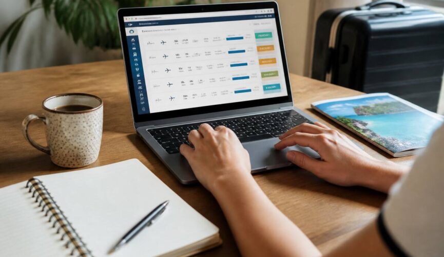 Iemand die op een laptop vakanties en prijzen vergelijkt met een notitieboekje op tafel