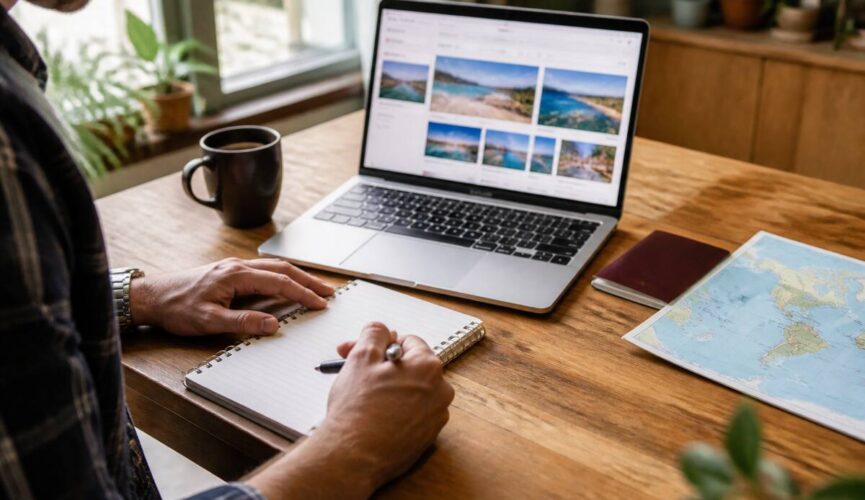 Iemand vergelijkt vakanties aan tafel met laptop, paspoort en notitieboekje.