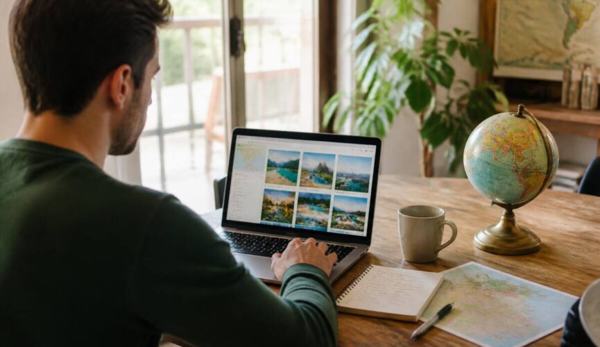 Iemand vergelijkt vakanties op een laptop met reisnotities en een wereldbol