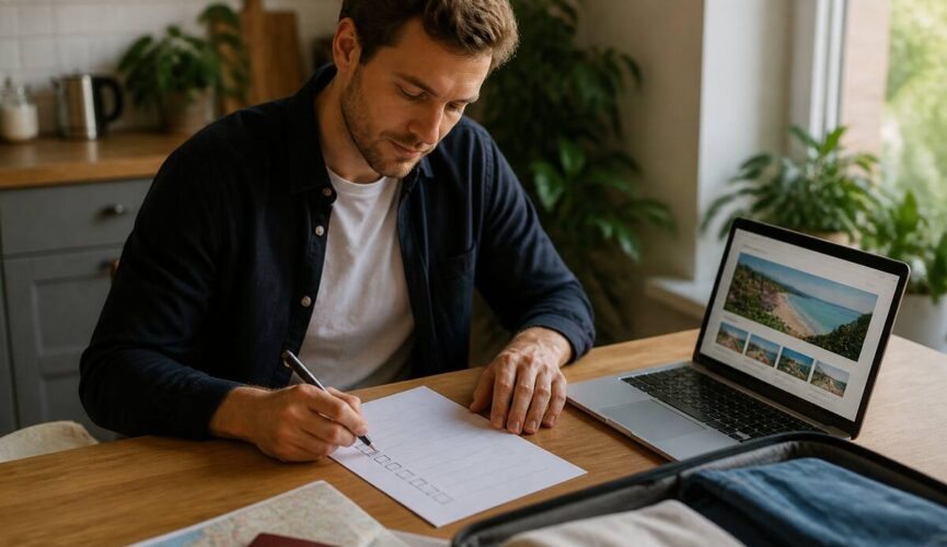 Vakantie-checklist afvinken aan de keukentafel met laptop met reisdetails (realistisch beeld, geen tekst)